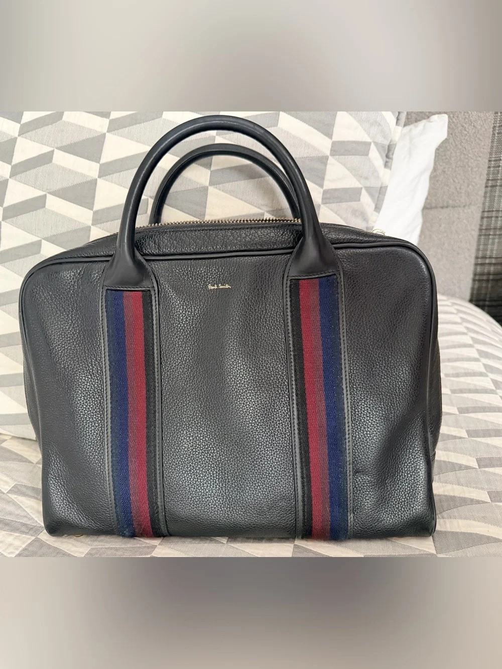 Paul Smith Black Pebbled Leather Briefcase with Navy and Burgundy Stripes